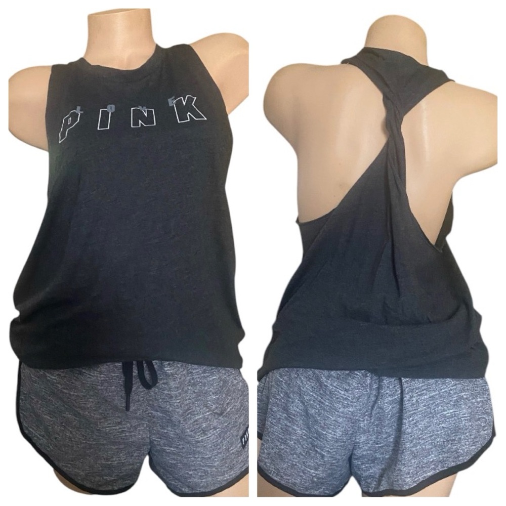 PINK Victoria's Secret Women's Black Racerback Tank Top sports shorts set NWT